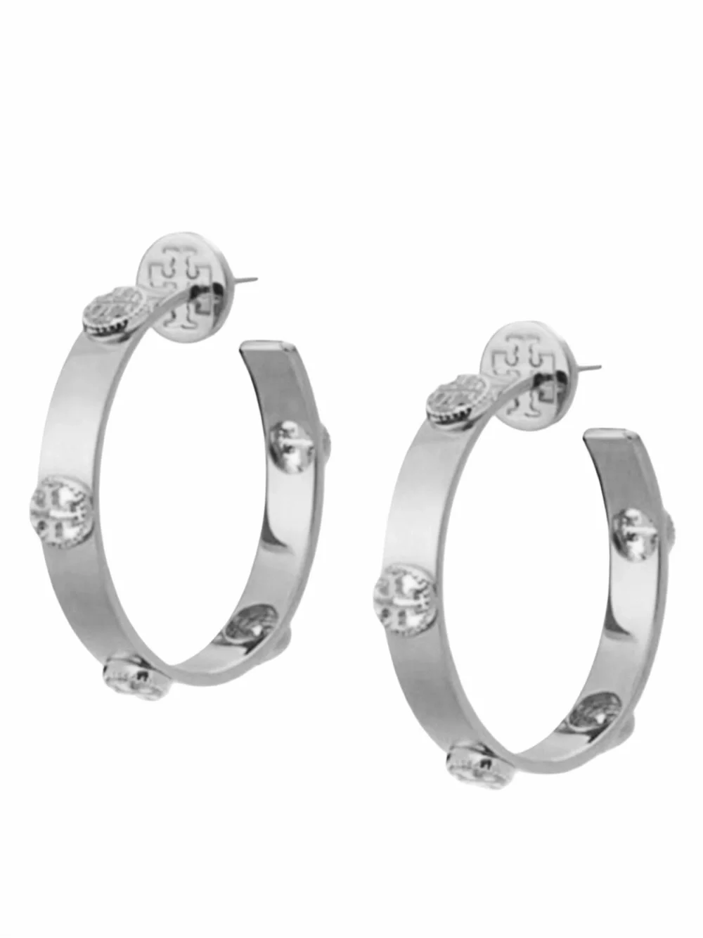 TORY BURCH • Silver Milgrain Logo Hoop Earrings Includes Tory Burch Jewelry Bag